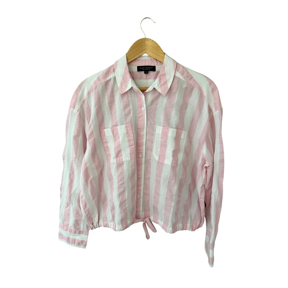 Velvet Heart Button Down Tie Front Shirt Pink & White Stripe NWT Size S